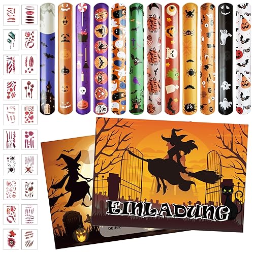 12 Stück Halloween Einladungskarten, Halloween Partyzubehör 12 Stück Schnapparmband Kinder und 20 Tattoos Aufkleber, Kürbis Hexe Einladungen für eine schaurig schöne Halloween-Party Themenparty von Giugio