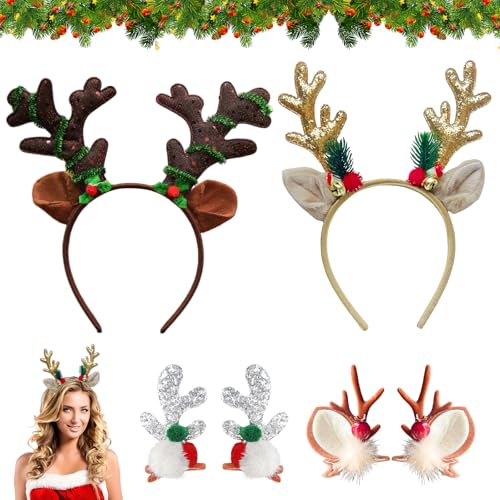 4 Stück Weihnachts-Stirnbänder Set, Haarreif Weihnachten, Weihnachten Geweih Stirnbänder, Glitzer Weihnachts Kopfschmuck, Rentier Geweih Stirnband,Kinder Frauen für Weihnachts Party Haarschmuck von Giugio