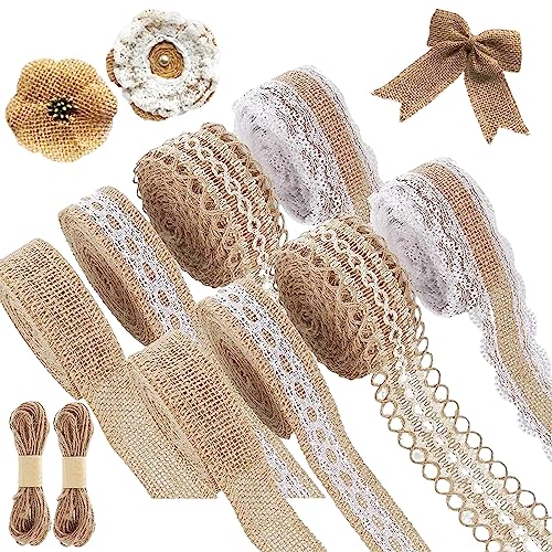 Giugio 8 Rollen Juteband Vintage Spitzenband, Natürliche Juteband mit Spitze mit 20m Hanfseil, 1 Meter pro Rolle, für DIY Handwerk Weihnachten Deko Hochzeit Party Basteln Geschenkband von Giugio