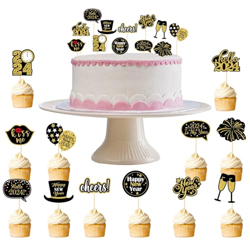 Giugio 24 stücke Frohes Neues Jahr Cupcake Toppers, Cupcake Topper Frohes, Frohe Silvester Dekoration, Cupcake Toppers Picks Muffin Cake Topper für Party Tafelkuchen Dekorationen von Giugio