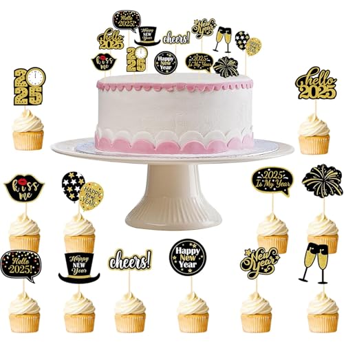 Giugio 24 stücke Frohes Neues Jahr Cupcake Toppers, Cupcake Topper Frohes, Frohe Silvester Dekoration, Cupcake Toppers Picks Muffin Cake Topper für Party Tafelkuchen Dekorationen von Giugio