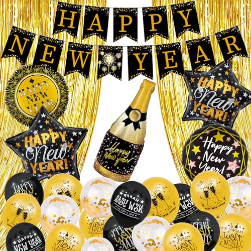 34 Stück Silvester Deko 2024 Gold, Neujahr Silvesterdeko Set, Happy New Year Banner, Foil Ballons, Champagnerflasche Folienballon, Schwarz Gold Silvesterpartydeko Accessoire für Silvesterparty (A) von Giugio