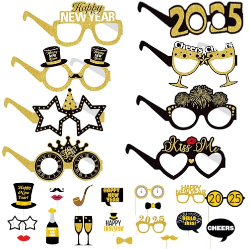 8 Stücke Silvester Deko 2025 Partybrillen, Happy New Year Brille 2025 Partybrille Silvester Schwarz Gold Papier Brille Party Foto Requisiten, Foto Requisiten für Kinder Erwachsene Silvester Deko von Giugio