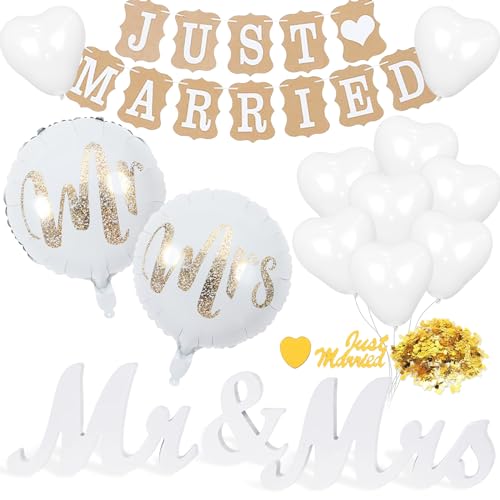 Giugio Hochzeitsdeko Set, Just Married Girlande mit Ballons, Mr & Mrs Deko Hochzeit Buchstaben Folienballon, Vintage Just Married Banner,Weiß Hochzeit Dekoration Standesamt Deko Brautdusche Wedding von Giugio