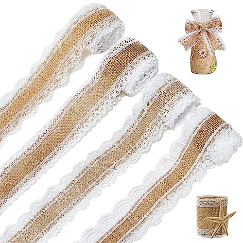 4 Rollen Juteband mit Spitze, Juteband Vintage Spitzenband, Natürlich Dekoration, Spitzenbordüre Dekoband Rolle für Geschenkverpackung Hochzeit DIY Basteln Hausdeko von Giugio