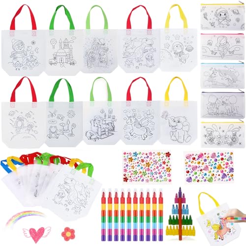 22 Stück Taschen zum Bemalen für Kinder, DIY Stoffbeutel zum Bemalen Kindergeburtstag Basteln Kinder Stoffbeutel, mit 10 Stk Wachsmalstifte und 2 Diamantaufkleber für Kindergeburtstag Gastgeschenke von Giugio