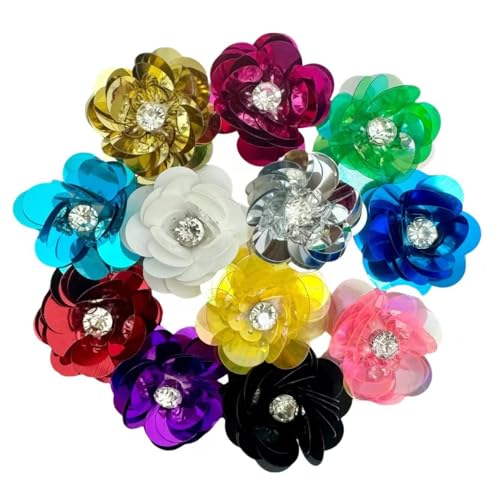 12 Stück schillernde gemischte Farben, 3,8 cm Pailletten-Blumen, Strasssteine, Perlenmischung, Blumen-Applikation, zum Aufnähen, Stoff-Accessoire, Stoff, Stirnband, Dekoration von GiveMOJO