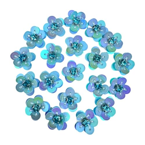 20 Stück schillernde blaue Pailletten-Blumen, Strasssteine, Perlenapplikation, zum Aufnähen auf Stoff, Patch, DIY, Bekleidungszubehör, Stoff, Basteldekoration von GiveMOJO