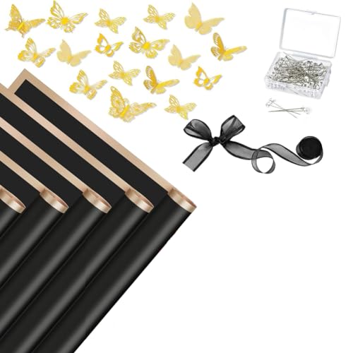 Giwnhvx 20 Blatt Blumenstrauß-Geschenkpapier-Set, Blumengeschenkpapier, Floristenbedarf mit 48 Stück 3D-Goldschmetterlingen von Giwnhvx