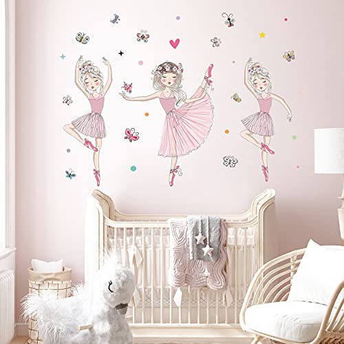 3 Rosa Ballerina Baby Mädchen Wandaufkleber, Giyiprpi Abnehmbar Schöne Ballettmädchen mit Schmetterlings-Wandtattoos, Little Princess Wall Art Decor für Mädchen Schlafzimmer Wohnzimmer Tanzraum von Giyiprpi