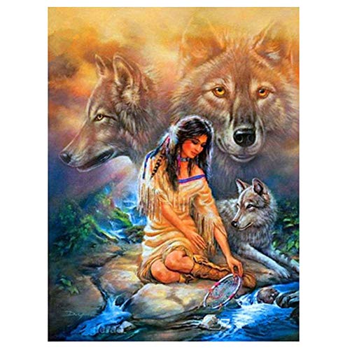 5D Diamond Painting Full Set, Indianer Wolf DIY Diamant Painting Bilder, Diamant Malen Kits, Groß 5D Diamant Malerei Kreuzstich Diamond Dekoration für Wand Dekorationen, Round Drill 90x120cm von Giyuco