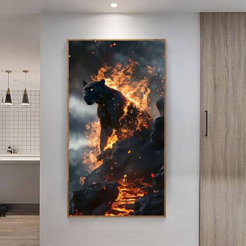 5D Diamond Painting Großes XXL, Diamant Painting Feuerschwarzer Panther Diamond Art Erwachsene Full Eckige Steine DIY Diamant Kunst Malerei Stickerei Set Kreuzstich, für Wand Dekor 100x200 cm L-201 von Giyuco