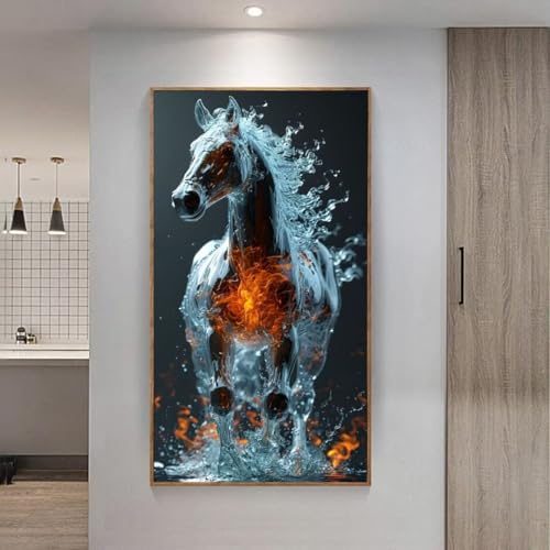 5D Diamond Painting Großes XXL, Diamant Painting Wasser Feuer Pferd Diamond Art Erwachsene Full Eckige Steine DIY Diamant Kunst Malerei Stickerei Set Kreuzstich, für Home Wand Dekor 50x100 cm L-403 von Giyuco