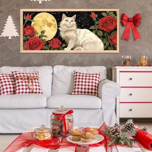 5D Diamond Painting Set, Diamant Painting Bilder Kit für Kinder Erwachsene, Rosenkatze DIY Crystal Strass Stickerei Painting Diamant Malerei Kit, Home Büro Wall Dekoration, Geschenk 70x140 cm L-285 von Giyuco