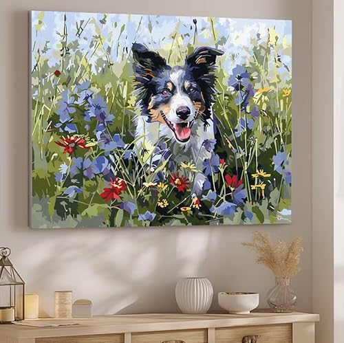 Border Collie Malen Nach Zahlen ab 5 6 7 Jahre Mädchen, Malen Nach Zahlen für Kinder Klein mit Pinseln und Acrylfarben, Geeignet Geschenk oder als Home Dekoration (rahmenlos) 100x130cm Blume J-19 von Giyuco