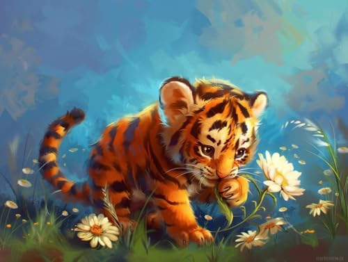 Diamond Painting Blume Tiger, Diamond Painting Erwachsene, 5D Full Diamond Painting Kinder, Diamant Gemälde Kreuz Stickerei Set, Mosaikherstellung Handwerk, Geeignet für Heimdekoration 130x100cm P-338 von Giyuco