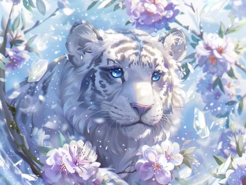 Diamond Painting WeißEr Tiger Blume, DIY 5D Diamant Painting Bilder Kinder, Diamond Painting für Erwachsene, Diamanthandwerk, Diamant Malerei Kreuz Stickerei, Geeignet für Heimdekoration 120x90cm P-3 von Giyuco