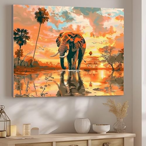 Elefant Malen Nach Zahlen ab 5 6 7 Jahre Mädchen, Malen Nach Zahlen für Kinder Klein mit Pinseln und Acrylfarben, Geeignet Frauen Geschenk oder als Home Wand Dekoration (rahmenlos) 70x90cm Tier J-104 von Giyuco