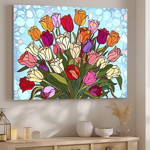 Glas Malen Nach Zahlen ab 5 6 7 Jahre Mädchen, Malen Nach Zahlen für Kinder Klein mit Pinseln und Acrylfarben, Geeignet Frauen Geschenk oder als Home Wand Dekoration (rahmenlos) 100x130cm Tulpe J-21 von Giyuco