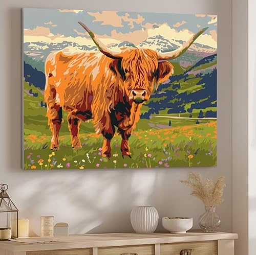 Hochlandrinder Malen Nach Zahlen ab 5 6 7 Jahre Mädchen, Malen Nach Zahlen für Kinder Klein mit Pinseln und Acrylfarben, Geeignet Geschenk oder als Home Dekoration (rahmenlos) 70x90cm Landschaft J-178 von Giyuco