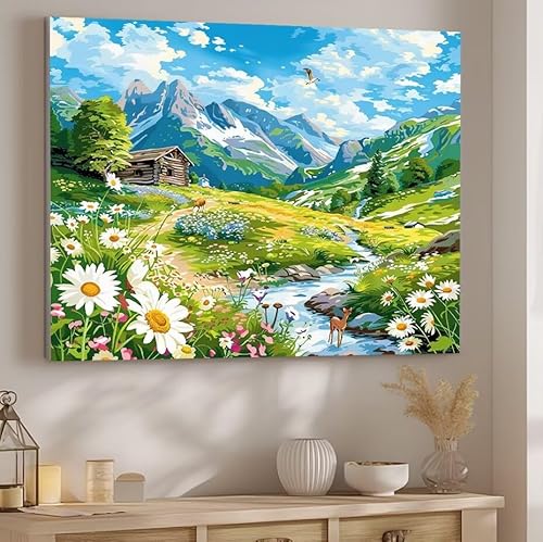 Landschaft Malen Nach Zahlen ab 5 6 7 Jahre Mädchen, Malen Nach Zahlen für Kinder Klein mit Pinseln und Acrylfarben, Geeignet Geschenk oder als Home Dekoration (rahmenlos) 100x130cm Gebirge J-171 von Giyuco