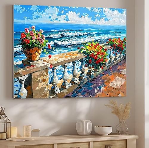 Malen Nach Zahlen Erwachsene Meer Malen Nach Zahlen Klein, DIY Ölgemälde Leinwand Set mit 3 Pinsel und Acrylpigment Bastelset Erwachsene Frauen Home Dekor Geschenk 90x120cm Ohne Rahmen Blume J-194 von Giyuco