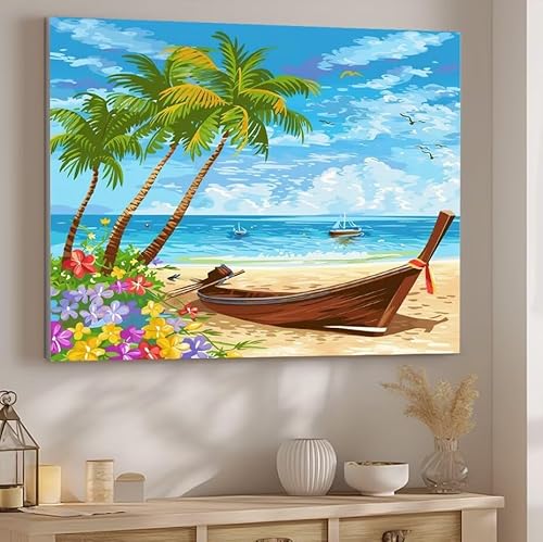 Malen Nach Zahlen Erwachsene Strand Malen Nach Zahlen Klein, DIY Ölgemälde Leinwand Set mit 3 Pinsel und Acrylpigment Bastelset Erwachsene Frauen Home Dekoration 20x30cm Ohne Rahmen Schiff J-197 von Giyuco