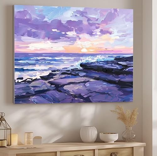 Malen Nach Zahlen Erwachsene Strand Malen Nach Zahlen Klein, DIY Ölgemälde Leinwand Set mit 3 Pinsel und Acrylpigment Bastelset Erwachsene Frauen Home Dekoration 60x80cm Ohne Rahmen Landschaft J-198 von Giyuco