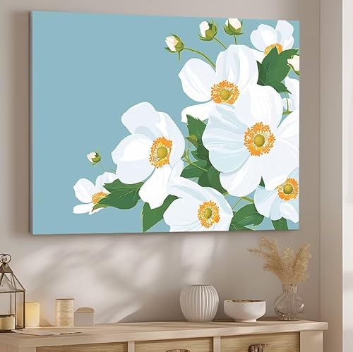 Malen Nach Zahlen Erwachsene Weiß Malen Nach Zahlen Klein, DIY Ölgemälde Leinwand Set mit 3 Pinsel und Acrylpigment Bastelset Erwachsene Frauen Home Dekoration Geschenk 90x120cm Ohne Rahmen Blume J-11 von Giyuco