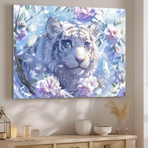 Malen Nach Zahlen Erwachsene WeißEr Tiger Malen Nach Zahlen Klein, DIY Ölgemälde Leinwand Set mit 3 Pinsel und Acrylpigment Bastelset Erwachsene Frauen Home Dekoration 20x30cm Ohne Rahmen Blume J-4 von Giyuco