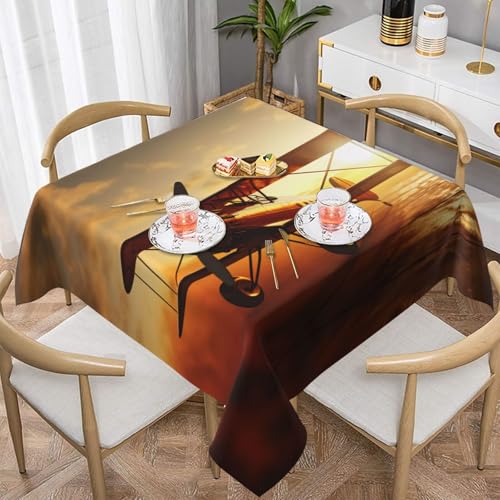 Gjgdbxdw Bedruckte quadratische Tischdecke mit Flugzeug bei Sonnenuntergang, wasserdicht, abwischbar, für Zuhause, Küche, Esszimmer, Party, drinnen und draußen, 137 x 137 cm von Gjgdbxdw