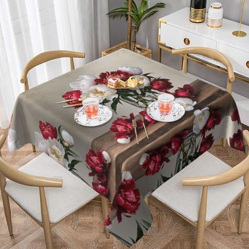 Gjgdbxdw Quadratische Tischdecke mit Pfingstrosenblüten, wasserdicht, abwischbar, für Zuhause, Küche, Esszimmer, Party, drinnen und draußen, 137 x 137 cm von Gjgdbxdw