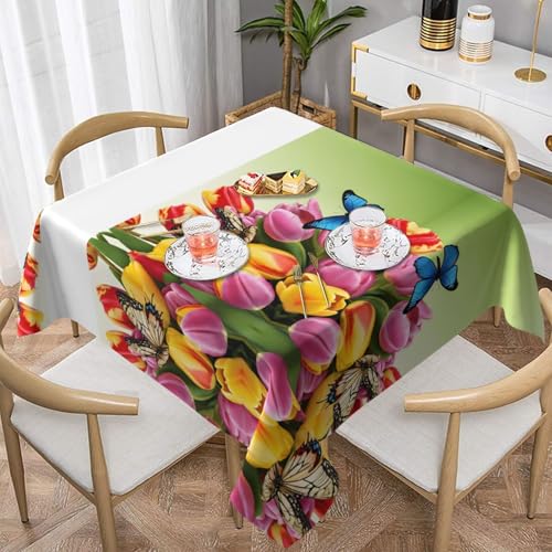 Gjgdbxdw Quadratische Tischdecke mit blauem Schmetterlings- und Blumendruck, wasserdicht, abwischbar, für Zuhause, Küche, Esszimmer, Party, drinnen und draußen, 152,4 x 152,4 cm von Gjgdbxdw