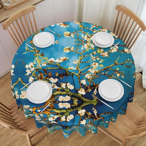 Gjgdbxdw Runde Tischdecke mit Mandelblüten-Druck, 152,4 cm, wasserdicht, waschbar, Polyester-Tischdecke, dekorativer Stoff, Tischdecke für Esstisch, Buffet-Partys und Camping von Gjgdbxdw