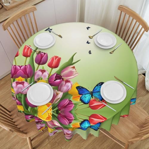 Gjgdbxdw Runde Tischdecke mit blauen Schmetterlingen und Blumen, 152,4 cm, wasserdicht, waschbar, Polyester-Tischdecke, dekorativer Stoff, Tischdecke für Esstisch, Buffet-Partys und Camping von Gjgdbxdw