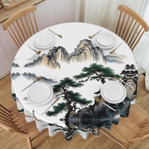 Gjgdbxdw Runde Tischdecke mit chinesischer Landschaftsmalerei, 152,4 cm, wasserdicht, waschbar, Polyester-Tischdecke, dekorativer Stoff, Tischdecke für Esstisch, Buffet-Partys und Camping von Gjgdbxdw