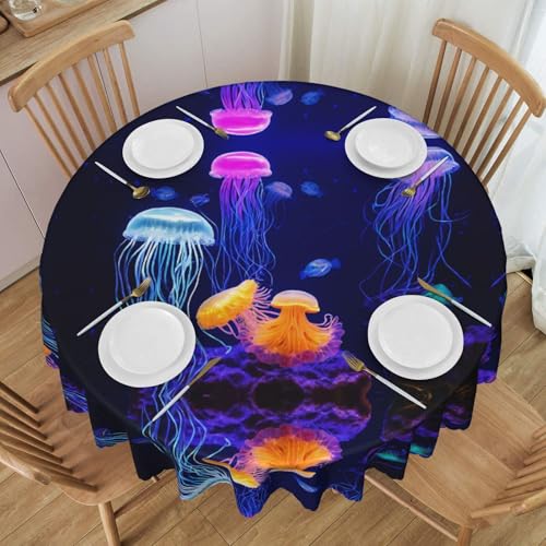 Gjgdbxdw Runde Tischdecke mit farbigen Quallen, 152,4 cm, wasserdicht, waschbar, Polyester-Tischdecke, dekorativer Stoff, Tischdecke für Esstisch, Buffet-Partys und Camping von Gjgdbxdw