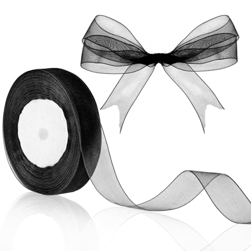 Gjinxi 2 Stück Geschenkband Weihnachten Dekoband 21mm x 50YD Schleifenband Breit Schwarz Organzaband Bänder Tüllband Schleifen Drahtband Chiffonband für Hochzeit Party Geburtstag Geschenkverpackungen von Gjinxi