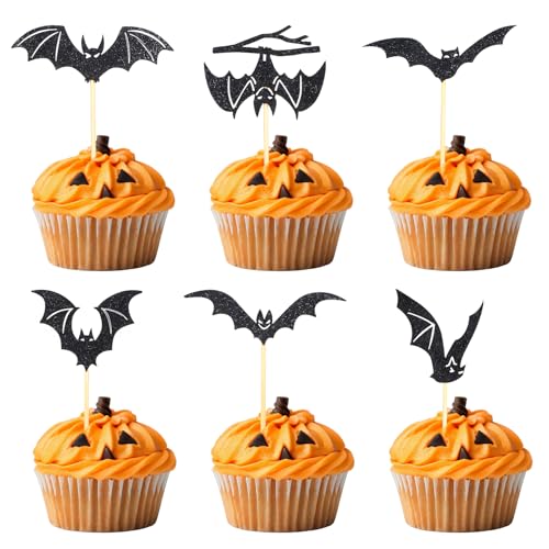 Gjinxi 24 x Halloween-Fledermaus-Cupcake-Topper, Glitzer, Fledermaus, Halloween-Cupcake-Picks, Dekorationen für Fledermaus, Babyparty, Kindergeburtstag, Halloween-Party, Halloween-Thema, von Gjinxi