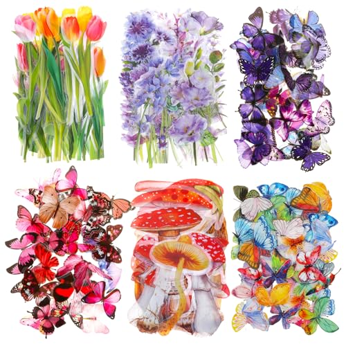 Gjinxi 240 Stück Blumen Aufkleber Schmetterling Aufkleber Bunte Transparente Scrapbook Sticker Pet Wasserfeste Pflanzen Aufkleber für DIY Dekoration Scrapbooking Laptop Gepäck Wand und Fenster von Gjinxi