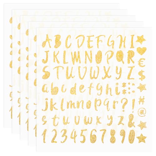 Gjinxi 400 Stücke Buchstaben Aufkleber, 5 Blätter Selbstklebendes Vinyl Buchstaben Zahlen Kit Glitzer Klebebuchstaben für Briefkasten Schilder Adressnummer Dekorationskunst DIY Scrapbooking (Gold) von Gjinxi