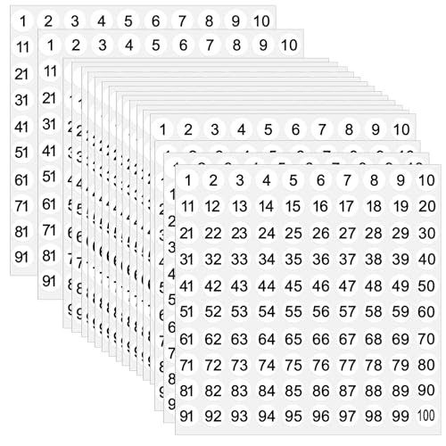 Zahlenaufkleber 1 Bis 100 Runde 50 Blatt Vinyl-Aufkleber Mit Fortlaufenden Gjinxi Zahlen Selbstklebende Nummernaufkleber Kleine Etiketten Labels Stickers Wasserdichte Aufkleber Schule Lagerung(Weiß) von Gjinxi