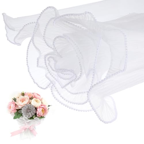 Gjinxi Weiß Blumenverpackungsnetzpapier 4 Yard Perlenspitzennetz Wasserdicht Blumenstraußverpackung Verpackung Zerknittert Durchscheinend Mit Band Partygeschenk Dekoration Floristenbedarf DIY Basteln von Gjinxi