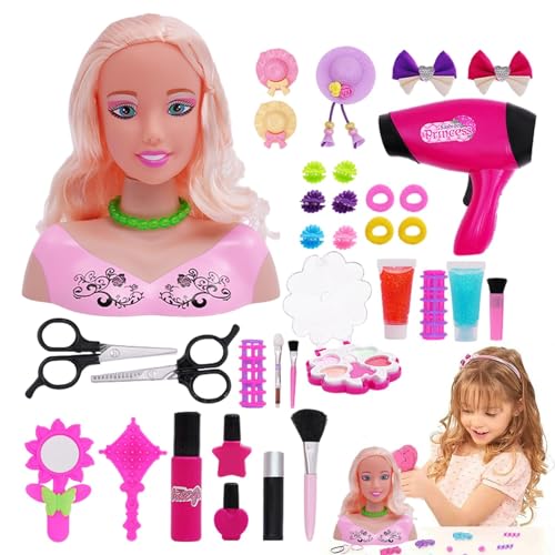 GjnjfdF Puppenkopf für Mädchen schminken,Interessanter Make-up-Puppenkopf | 36-teiliges pädagogisches, multifunktionales Mädchen-Kopfschmuck-Spielzeug-Set, Simulations-Haarstyling-Set für Kinder, von GjnjfdF