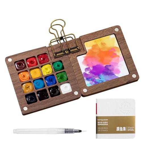 Tragbare Reise-Aquarell-Palette, kleine Holzpalette, Holzgitter, Malkasten, Reise-Aquarellfarben-Set, Taschenpalette mit Zeichenbuch und Stift von Gkumgwo