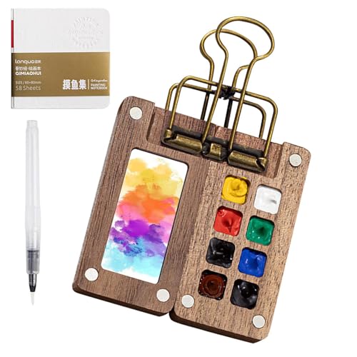 Tragbare Reise-Aquarell-Palette, kleine Holzpalette, Holzgitter, Malkasten, Reise-Aquarellfarben-Set, Taschenpalette mit Zeichenbuch und Stift von Gkumgwo