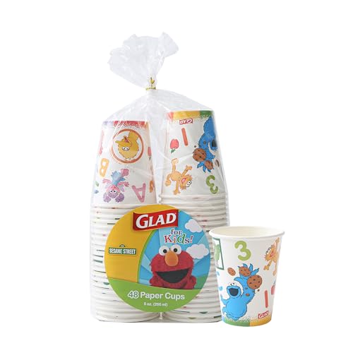 Glad Pappbecher für Kinder, Sesamstraße, 266 ml, Lehrplan-Stil, 48 Karat, Sesamstraße, Einwegbecher in Kindergröße, Elmo Pappbecher für den täglichen Gebrauch von Glad