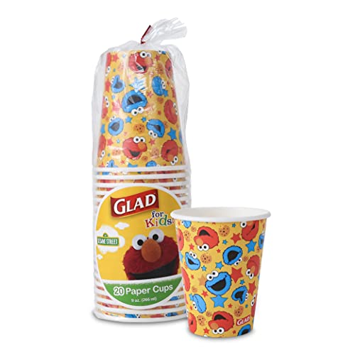 Glad Pappbecher für Kinder, Sesamstraße, Elmo und Keksmonster, Elmo- und Keksmonsterbecher mit Sternen, Kinder-Trinkbecher, Freunde, Pappbecher für den täglichen Gebrauch, 266 ml Pappbecher, 20 Karat von Glad