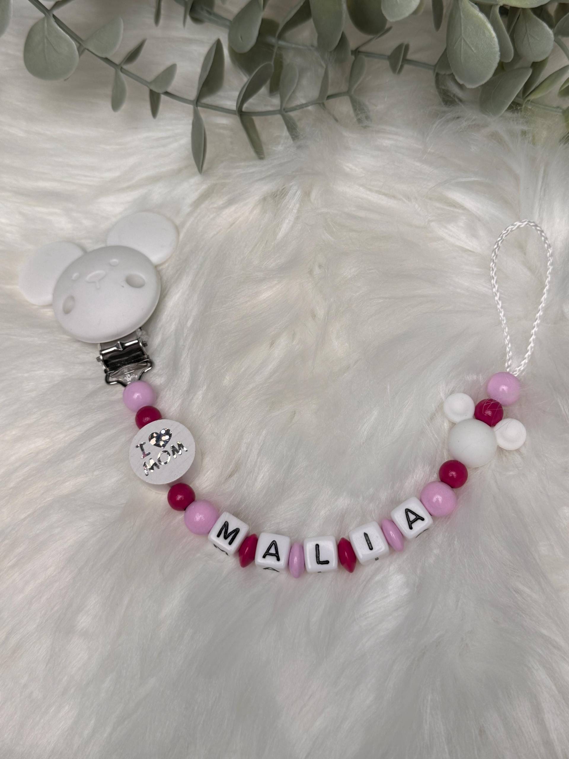 Schnullerkette Mit Namen, Rosa Weiß, I Love Mom, Geschenkidee, Babyparty, Personalisiert von GlamAccessoires