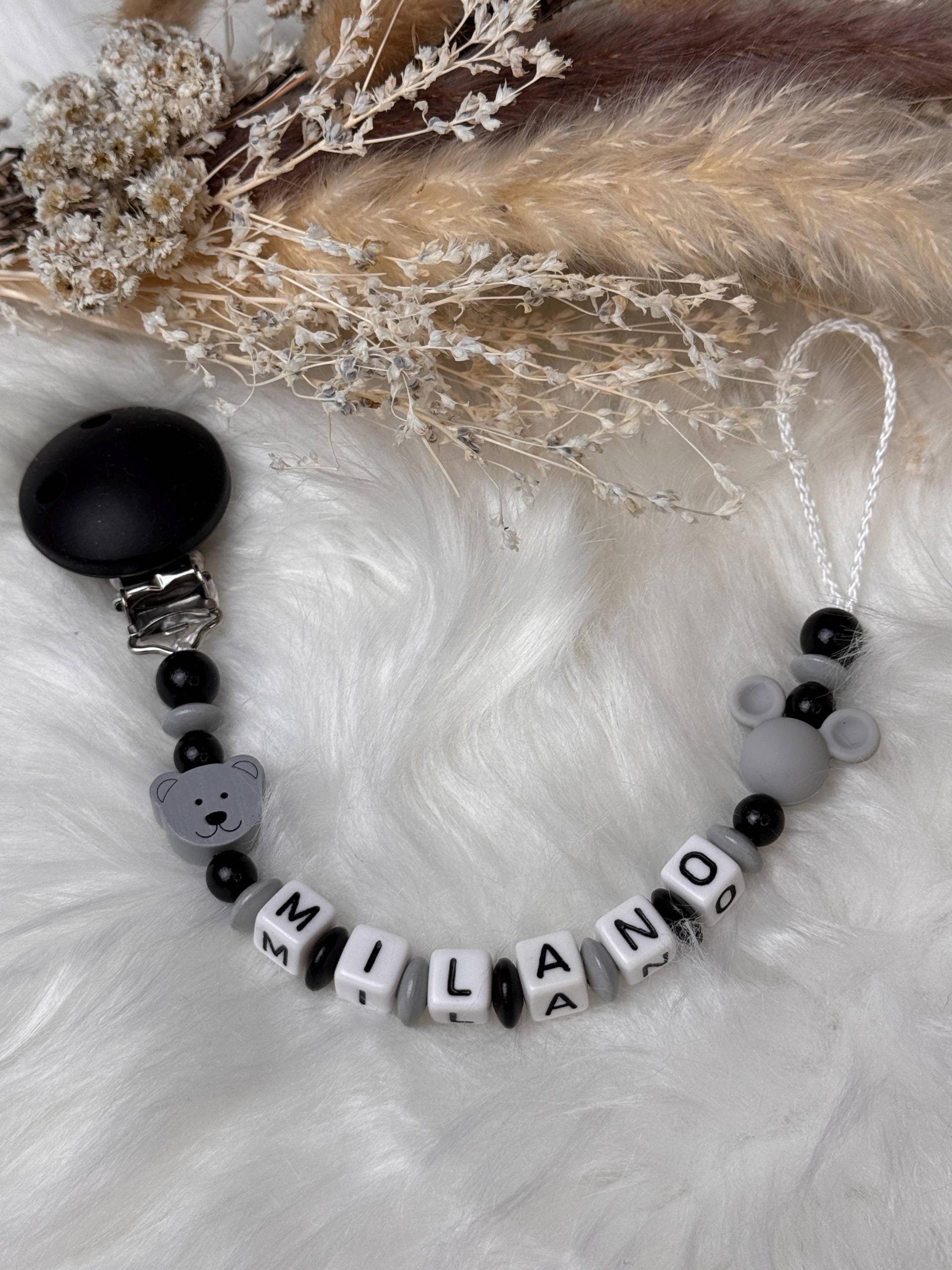 Schnullerkette Mit Namen, Schwarz Grau, Geschenkidee, Babyparty, Personalisiert von GlamAccessoires